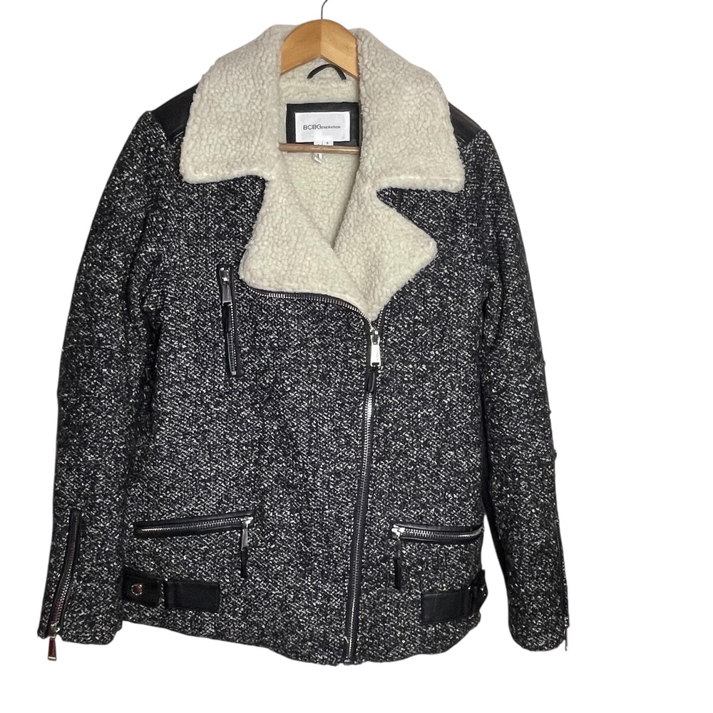BCBG Generation Black White Tweed Faux Fur Lined Moto Jacket Womens‎ Size S